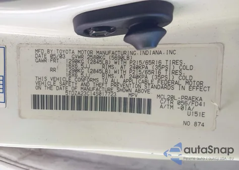 2004 Toyota Sienna Ce из США, поврежденный, VIN 5TDZA23C14S017723